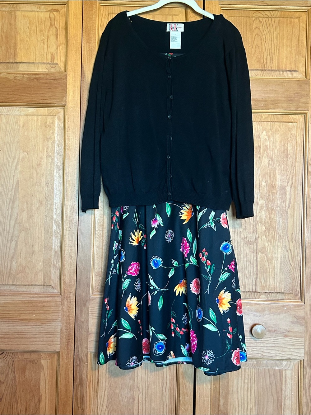 RK Black Floral Midi Dress with Matching Black Cardigan